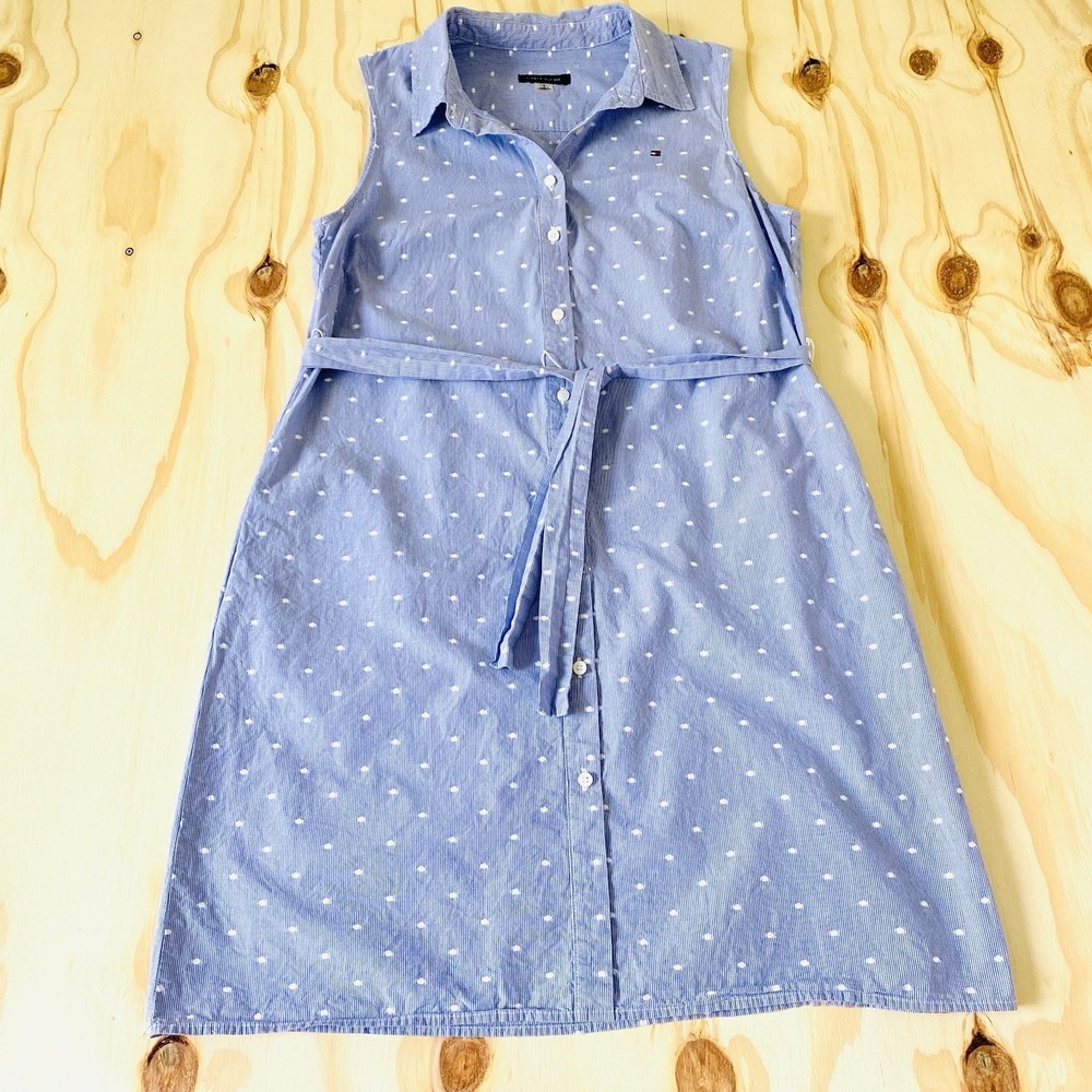 Tommy Hilfiger Blue White Gingham Polka Dot Tie Waist Shirt Dress Size 8 - Picture 3 of 11